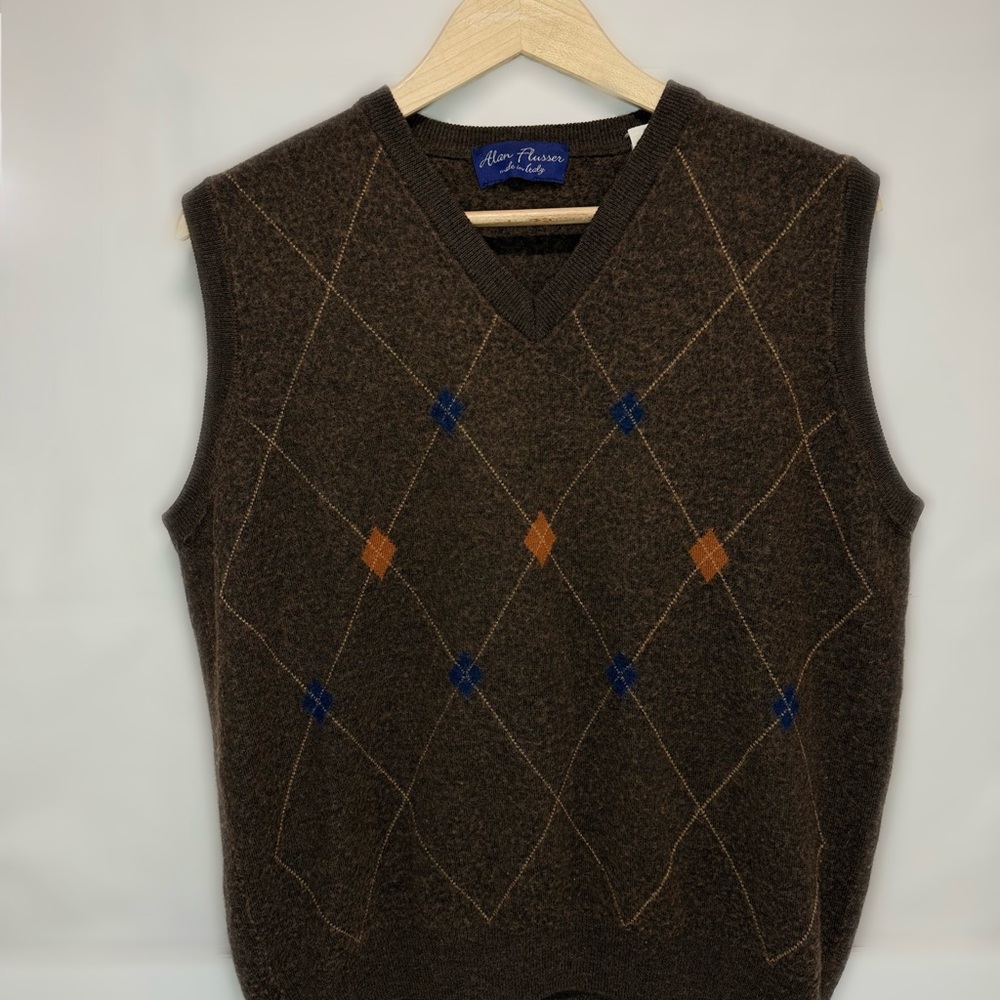 Alan Flusser Brown and Blue Argyle V-Neck Sweater Vest